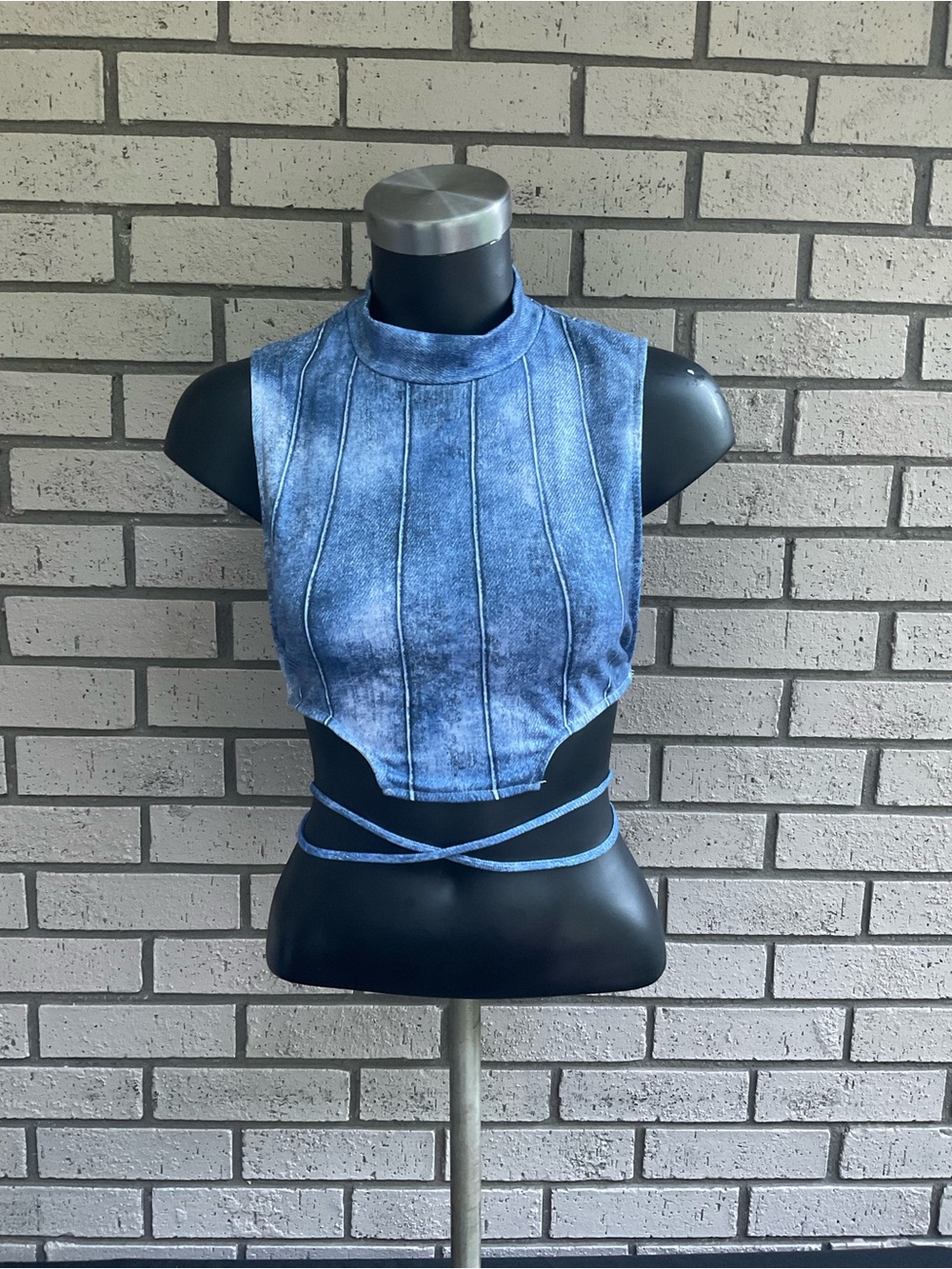 High-Neck Blue Wrap-Around Denim-Effect Crop Top